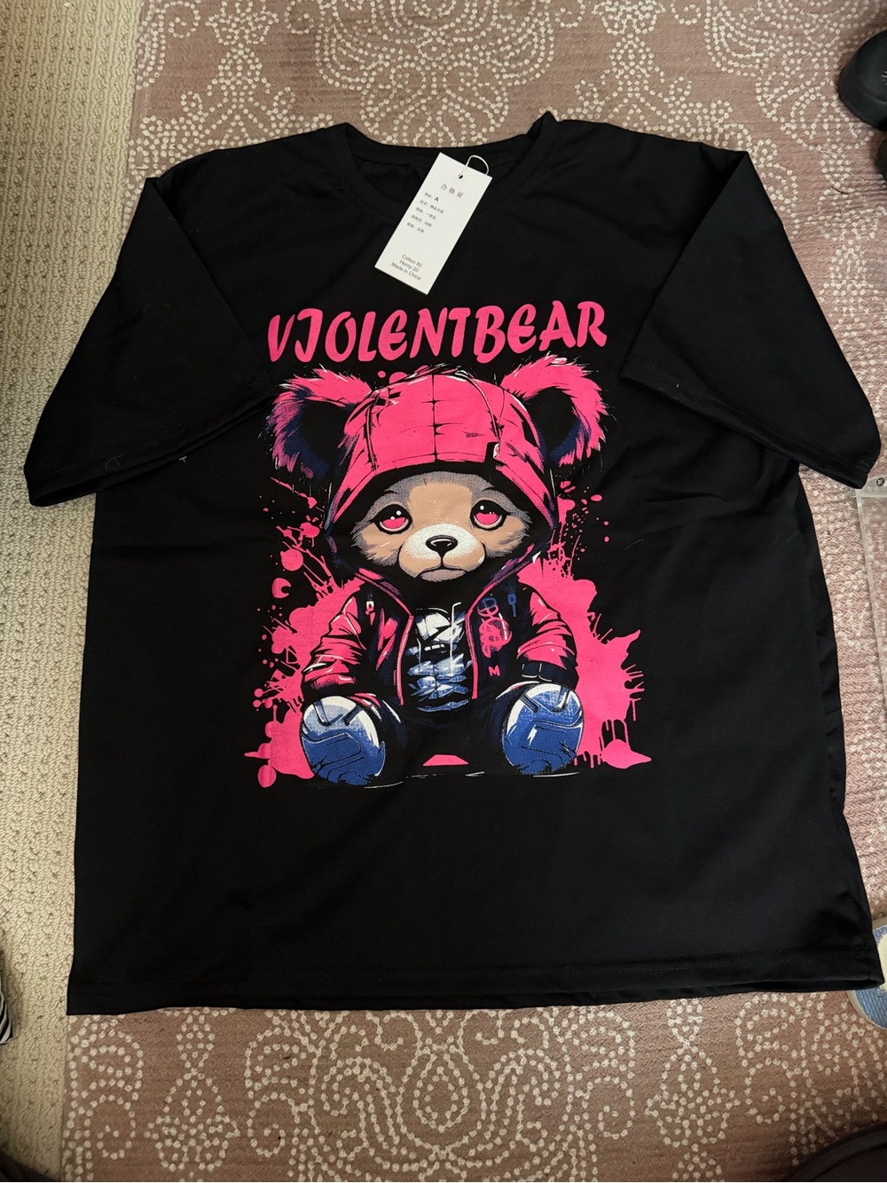 Source Unknown Black Tee with Pink & Blue Bear Graphic